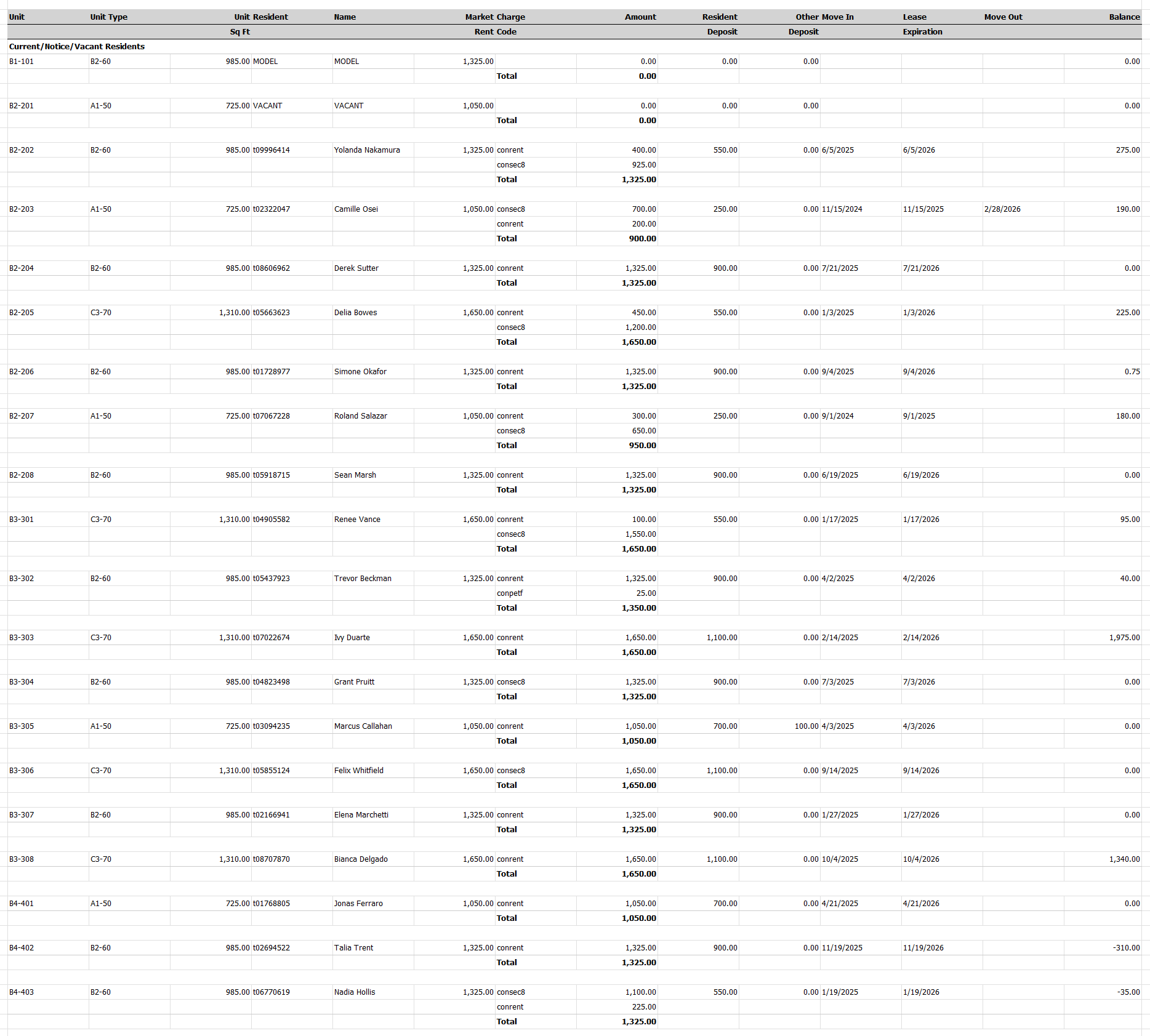 Messy raw rent roll before DealDuo cleanup